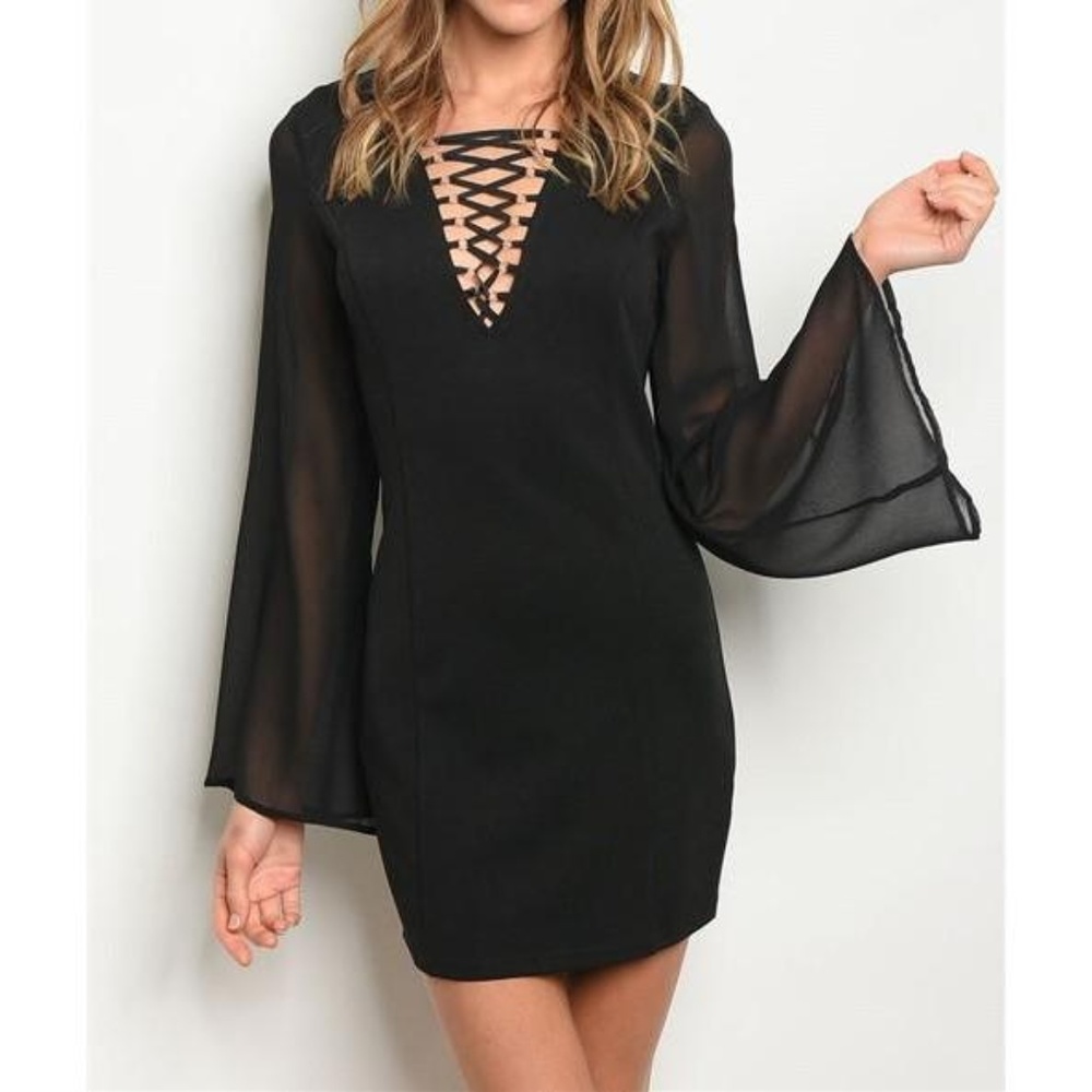 Sheer Bell Sleeve Little Black Dress ALL ITEMS NEW FROM CLOSED BOUTIQUE #8316